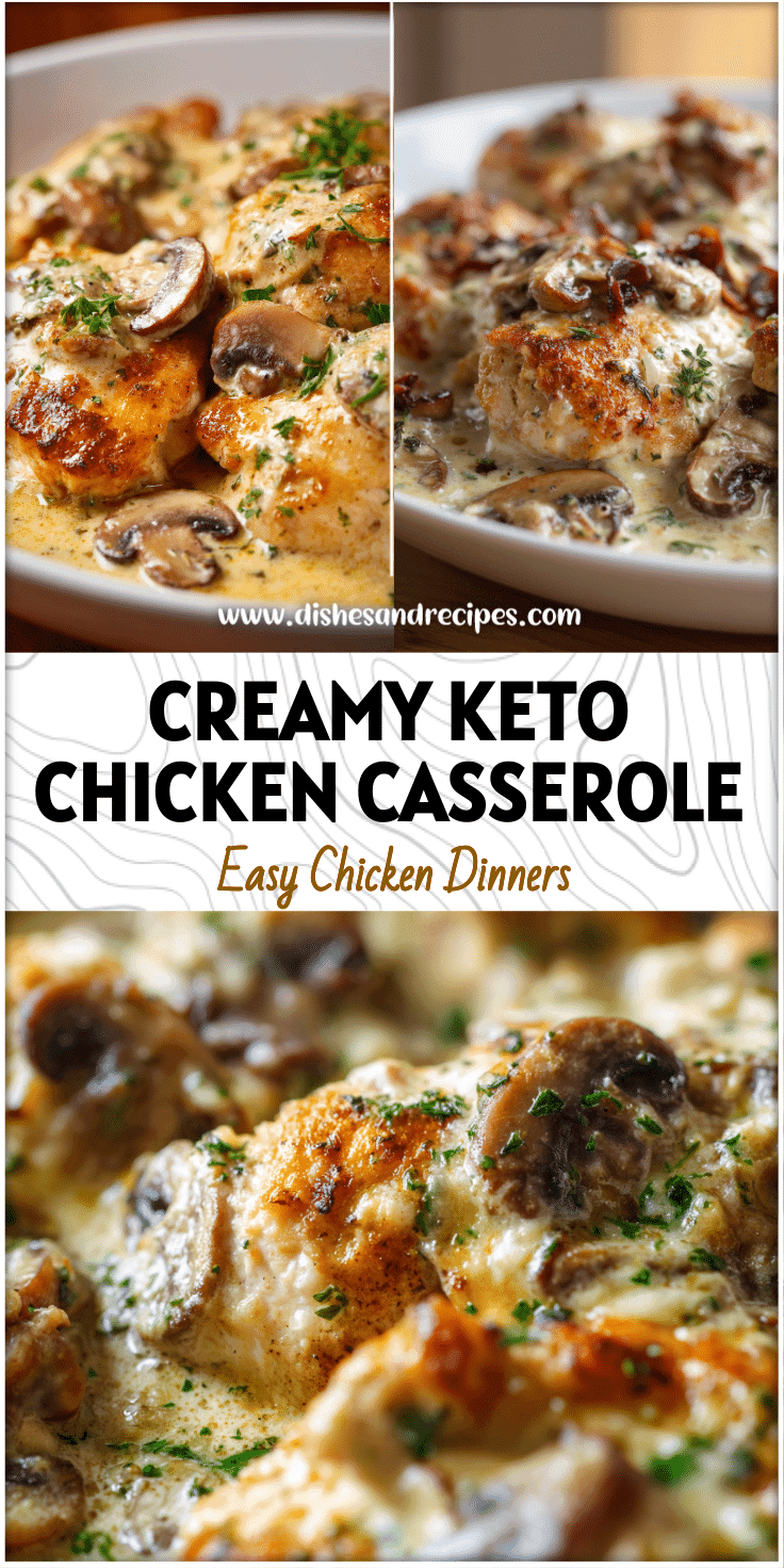 Golden baked keto garlic mushroom chicken casserole in one pan with creamy sauce and herbs.